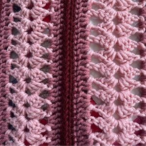 Vtg. Rose Pink Striped Crocheted Throw 60” x 47” Grannycore, Cottagecore,